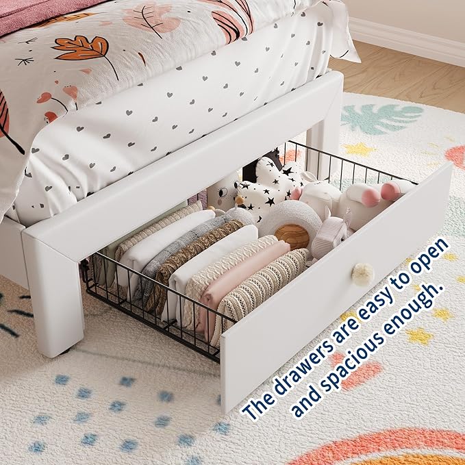 Garvee Twin Size Bed Frame with LED Lights & Velvet Crystal Button Headboard, Upholstered Boy/Girl Platform Bed with Storage Drawer, Noise Free, No Box Spring Needed for Kids, Teens, Beige