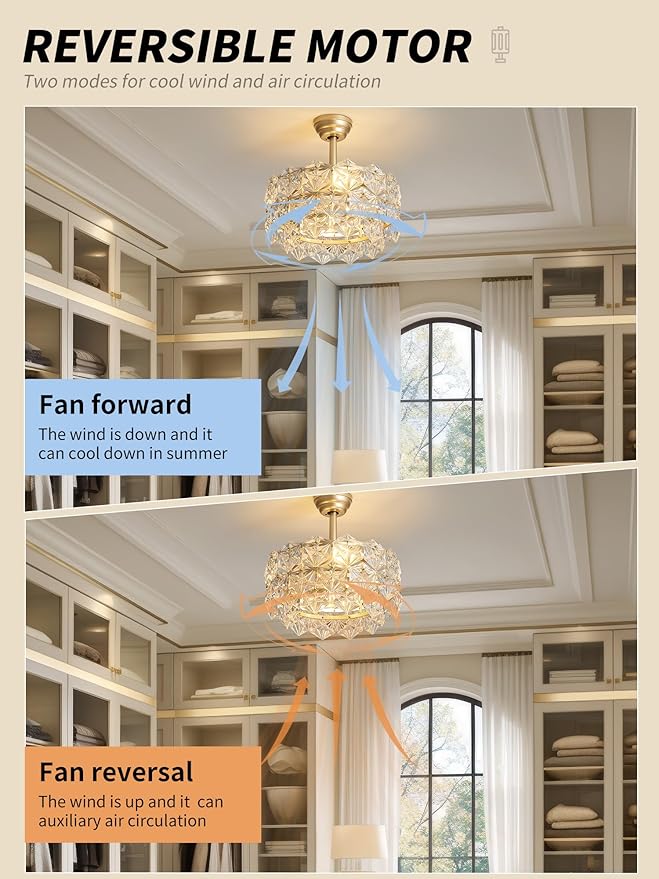 20" Gold Crystal Fandelier Ceiling Fan with Light, Mid-Century Chandelier Ceiling Fan with Light Remote Control, 6 Speeds for Bedroom, Nursery, Living Room