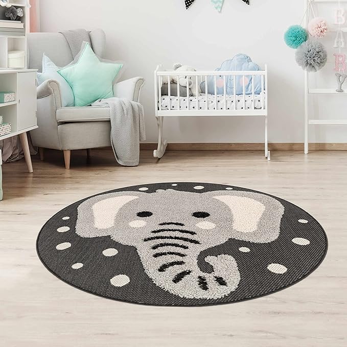 Hauteloom Kids Room, Nursery Round Area Rug - Outdoor Patio Safe - Animal Baby Elephant Playroom Carpet - Beige, Gray, Black, Cream - 7'10"