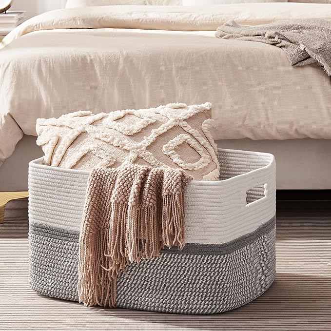 OIAHOMY Large Blanket Basket, 22”x17”x12” Rectangle Woven Baskets, Nursery Blanket Storage Living Room, Toy Storage With Handle, Large Baskets for Organizing-Grey/White