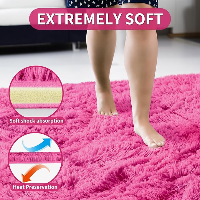 Merelax Soft Modern Indoor Large Shaggy Rug for Livingroom Bedroom Dorm Kids Room Home Decorative, Non-Slip Plush Fluffy Furry Fur Area Rugs Comfy Nursery Accent Floor Carpet 6 X 9 Feet, Hot Pink