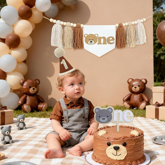 Bear Theme First One High Chair Banner For 1st Birthday Party Decorations With One Cake Topper