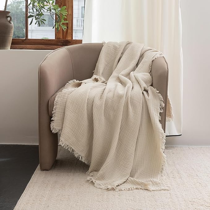 FOSSA Muslin Blanket with Fringe - 4-Layer 100% Cotton Gauze Super Soft & Breathable Throw -Lightweight Decorative Cooling Blanket for Bed, Sofa, Office -Throw XL Size 50" × 70" (Beige)