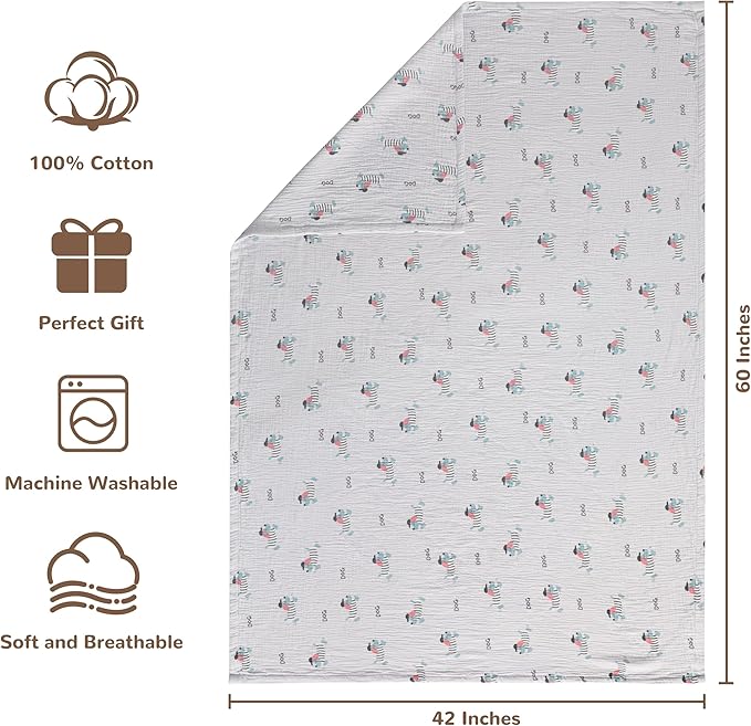 NTBAY 4 Layer Muslin Cotton Toddler Blanket, 42x60 Soft and Breathable Receiving for Newborns and Infants, Perfect for Crib, Stroller, Travel, Lightweight Nursery Blanket, Striped Dog