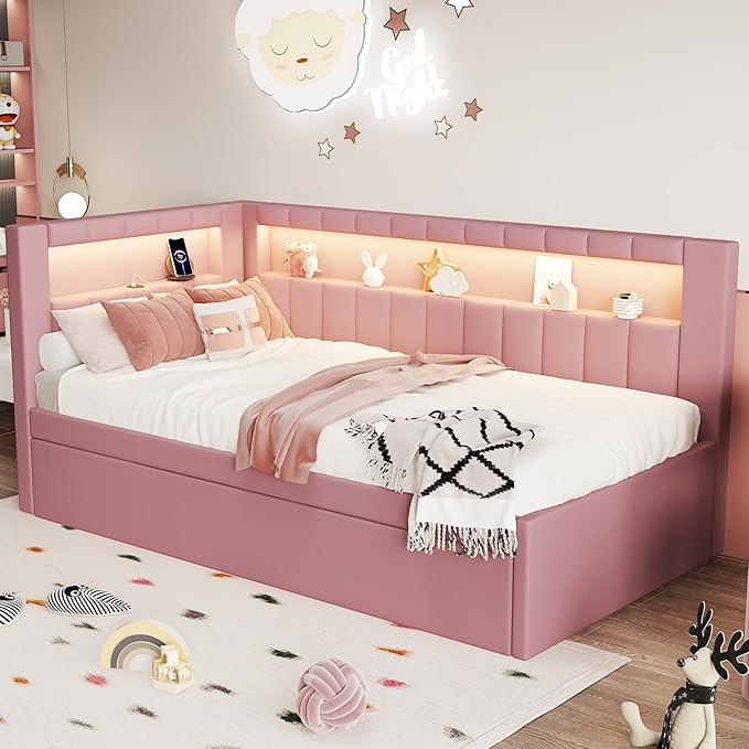 Twin Size Soft Daybed with Trundle, Storage Shelves and LED Belt, Linen Upholstered Corner Bed with L-Shaped Bookshelf Headboard and USB Charger for Kids Boys Girls, Pink