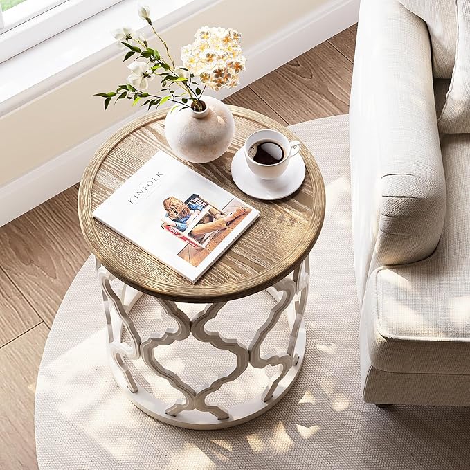 karlott Farmhouse End Table, 18.5'' French Country Round Side Table, Distressed Tray Top Side Table with Curved Motif Frame Base for Boho, End Tables Living Room, Bedroom, Small Space, Easy Assembly
