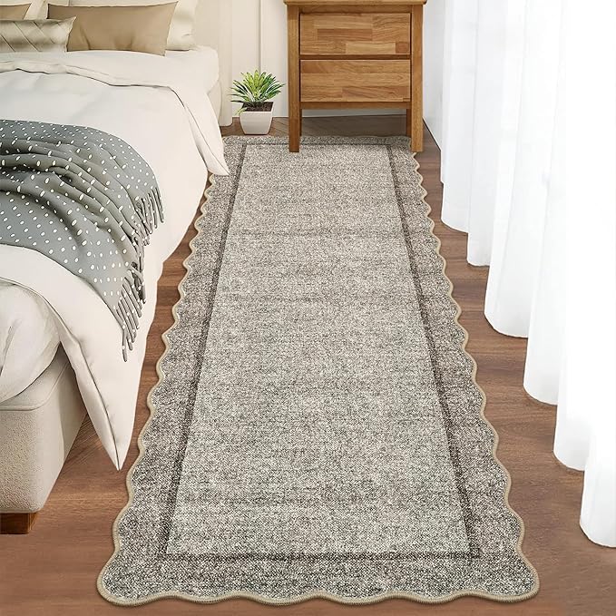 GarveeHome Scalloped Washable Runner Rug 2x8 Runner Modern Non Slip Kitchen Runner Distressed Low Pile Entryway Rug Soft Bathroom Rugs Stain Resistant Carpet for Bedroom Hallway Laundry 2'x8' Brown
