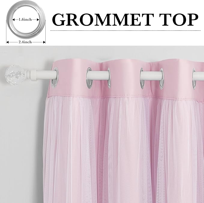 PONY DANCE Girls Blackout Curtains with Sheer Overlay Pink Double Layer Grommet Drapes Mix and Match with White Sheer Room Darkening Curtains for Nursery/Bedroom with Tiebacks (52x95, Set of 2 Panels)