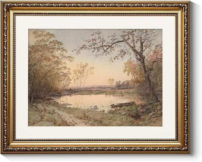 ARPEOTCY Vintage Gold Framed Wall Art, Nature Fall Landscape Riverside Trees Paintings, Victorian Wall Decor for Living Room Bedroom Bathroom, Canvas Prints Antique Pictures Frame Artwork, 13x16 inch