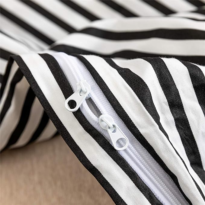 JELLYMONI 100% Natural Cotton 3pcs Striped Duvet Cover Sets,White Duvet Cover with Black Stripes Pattern Printed Comforter Cover,with Zipper Closure & Corner Ties(King Size)