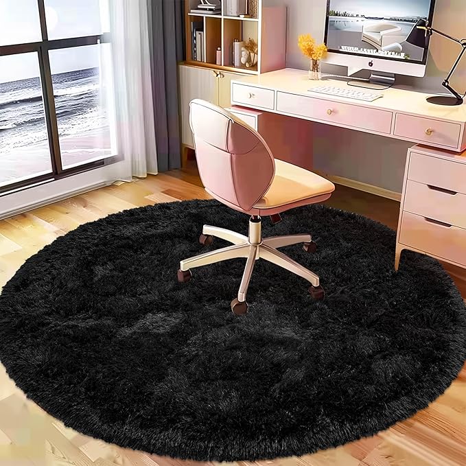 Fluffy Rug 5ft Round Black Super Soft Furry Rug for Kids Room, Shaggy Rug for Nursery Plush Rug for Living Room