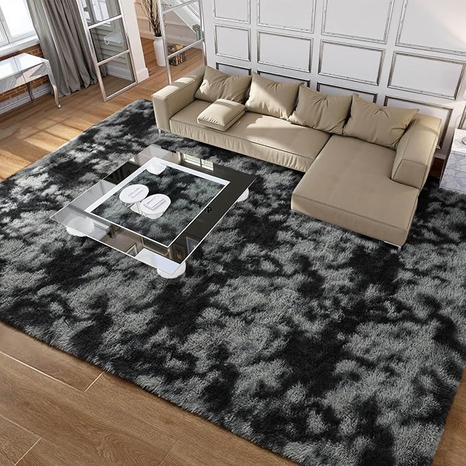 Merelax Soft Area Rugs for Livingroom Bedroom, Shaggy Plush Fuzzy Fluffy Carpet Furry Fur Rug, Modern Indoor Comfy Nursery Kids Dorm Home Decor Floor Mat, 8 x 10 ft, Tie-Dyed Black & Grey