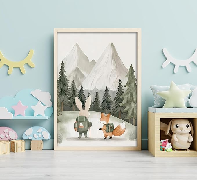 Woodland Animal Nursery Canvas Wall Art Fox Bear Rabbit Hedgehog Paintings Pictures Safari Nursery Wall Decor Forest Animals Camping Campfire Poster Print Artwork for Boys Kids Room Home Decoration