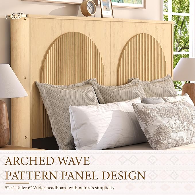 XIAOWEI Fluted Full Size Bed Frame with 52.4" Tall Headboard & 2 Storage Drawers,Sturdy Wooden Frame with Underbed Storage,No Box Spring Needed Platform Bed,Easy Assembly Low Profile Bed Frame,Natural