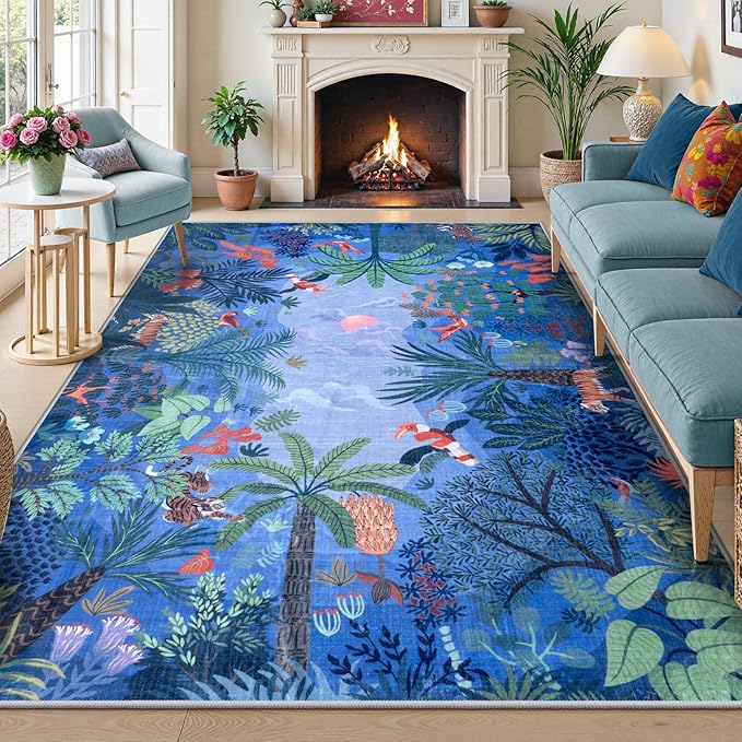 LIVEBOX Washable Bedroom Rug 8x10 Under Bed, Modern Stain Resistant Botanical Rug for Living Room Playroom Kids Boy Room, Non-Slip Jungle Forest Print Rugs for Nursery Baby