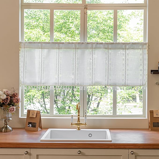 Deeprove Boho Valance Kitchen Short Curtain, Textured Striped Drape Light Filtering Tier Embroidered Chic Window Treatment for Cafe Restaurant Laundry Room, W52 x L18 inch Single 1 Panel Cream White
