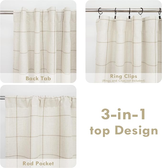 DriftAway 2 Panels 100% Blackout Windowpane Plaid Linen Curtains Double Layer Drapes for Bedroom 96 Inches Long Farmhouse Thermal Insulated 3.25 Inch Rod Pocket Back Tab for Living Room Taupe