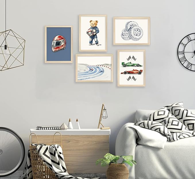BMFLFWXE Vintage Racing Car Nursery Wall Art Teddy Bear Pictures Wall Decor Boy Navy Blue Vehicle Posters Retro Sport Painting Canvas Print Artwork for Kids Boy Room Playroom, Unframed