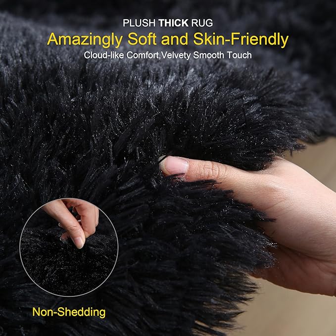Thick Area Rug Black Fluffy Shag 6x9 for Bedroom, Ultra Soft Plush Shaggy Fuzzy Washable Carpet, Modern Thickened Non-Slip Cozy Furry Rug for Living Room Kids Baby Nursery, and Dorm