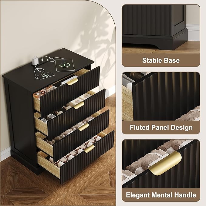 Fluted Dresser with 4 Drawers for Bedroom, 36.6" Tall Dresser with Charging Station, Wooden Chest of Drawers for Bedroom, Living Room, Entryway, Black