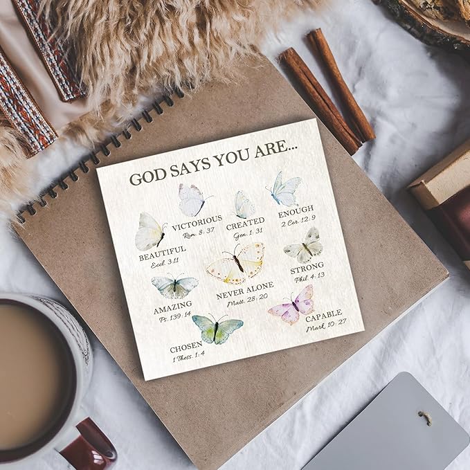 Christian Butterfly Wood Box Sign - Inspirational Bible Verse Desk Shelf Decor, Inspirational Desk Decor, Christian Gifts Butterflies Wooden Block Plaque Box Sign for Home Room Table Decorations