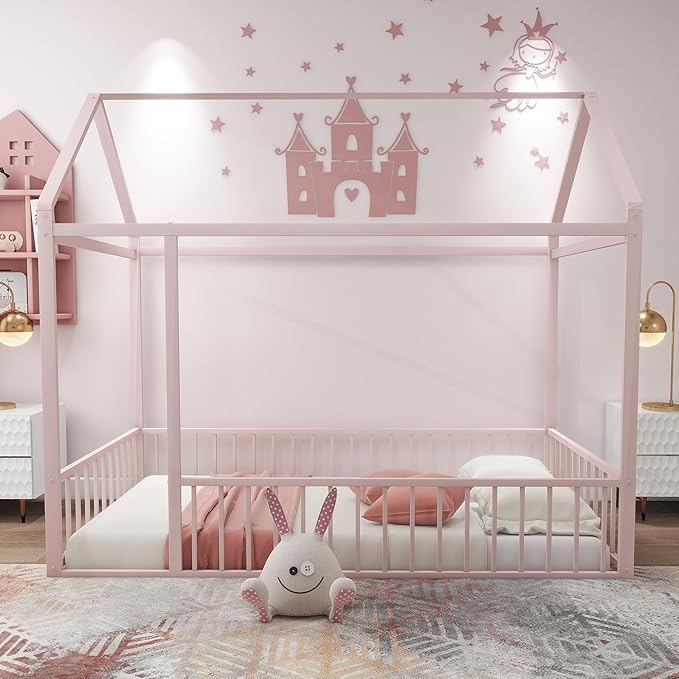 Bellemave Twin Size Montessori Floor Bed, Metal House Bed Framefor Kids, Montessori Floor Beds with Fence, Playhouse for Kids, Pink