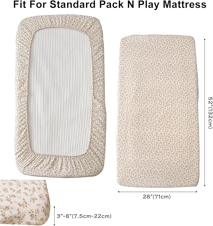 BuLuTu Muslin Pack N Play Mattress Sheets 38"x26", 2 Pack Mini Crib Fitted Sheets for Girls Boys, 100% Cotton Soft Breathable Baby Mattress Sheet 360° Mattress Wrapping, Camellia & Azalea