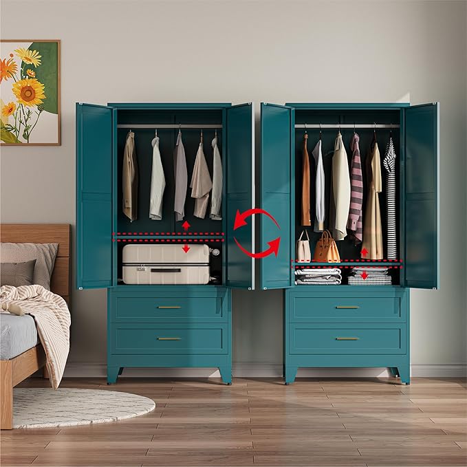 Metal Wardrobe Closet Cabinet with Drawers,71" H Large Bedroom Armoires with Shelves and Hanging Rod,Wardrobe Storage Cabinet with 2 Doors, 1 Adjustable Shelf and Drawers (2Drawer, Blue)