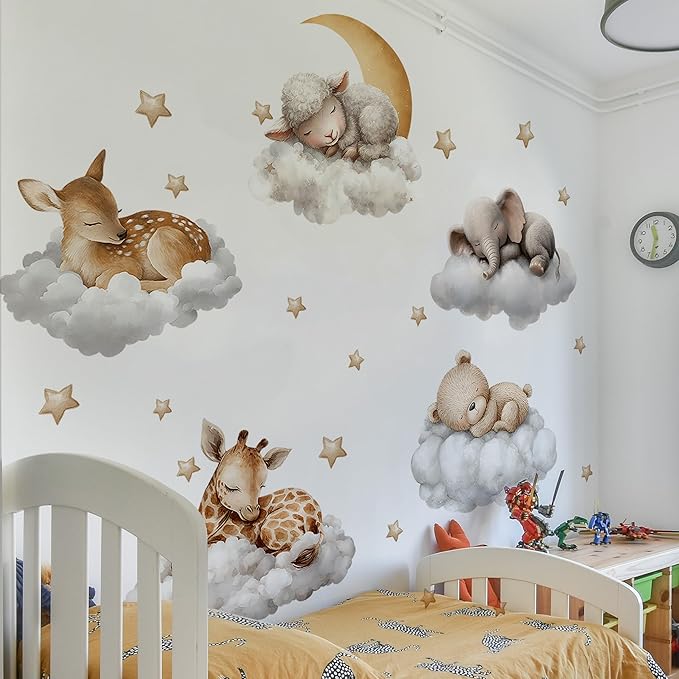 Sleeping Animals Wall Decals,Dreamy Clouds & Star Theme Art Wall Sticker Decors,Peel and Stick Elephants, Bears, Deer Decals for Kids Bedroom Nursery Playroom Library Living Room and Bedroom Decor