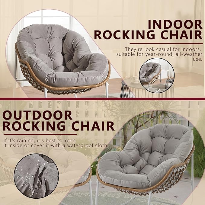 Oversized Outdoor Papasan Rocking Chair with Soft Cushion, Comfy Patio Egg Chair, Wicker Lounge Rocker for Balcony/Porch/Garden, Reinforced All Weather Rattan Frame, 330 lbs Support, Light Grey