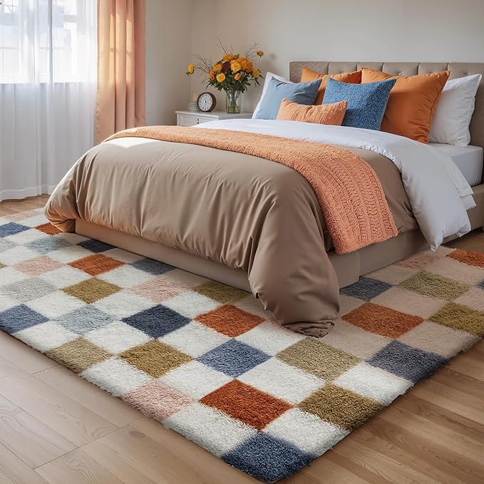 Checkered Rug 5x7 for Living Room, Modern Rainbow Shag Rug Super Soft Washable Indoor Fuzzy Carpet Non-Slip Fluffy Rugs for Bedroom Home Aesthetic Decor