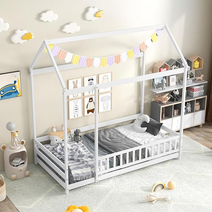 KOMFOTT Twin Size Floor House Bed, Wooden Montessori Bed with Roof & Full-Length Safety Guardrail, Floor Playhouse Bed Frame for Kids, Girls, Boys (White)
