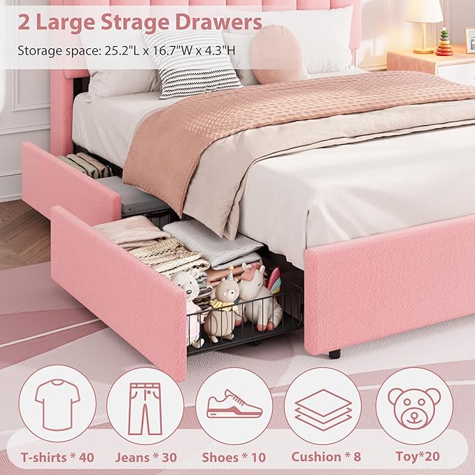 Garvee LED Full Size Bed Frame with Storage Headboard, Kids Bed Frame with 2 Drawers, Boucle Upholstered Platform Bed for Girls, Chic Wavy Headboard with Bookcase, No Box Spring Needed, Pink