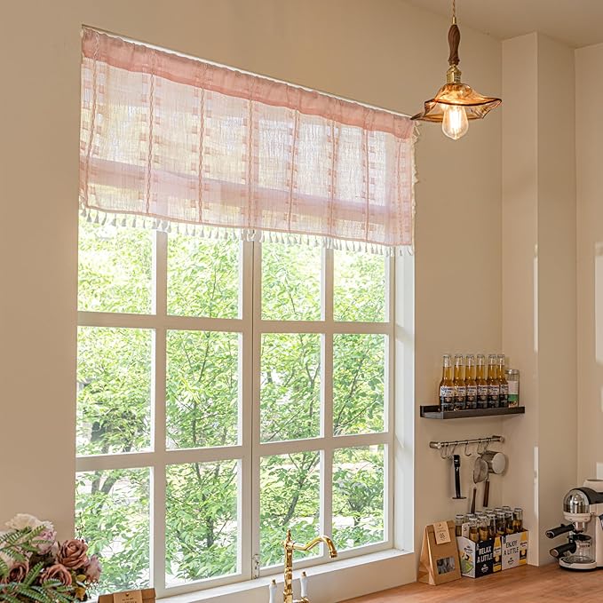 Deeprove Boho Valance Kitchen Short Curtain Tassel, Textured Striped Drape Light Filtering Tier Embroidered Chic Window Treatment for Cafe Dinging Room Closet, W52 x L18 inch SINGLE 1 Panel Blush Pink