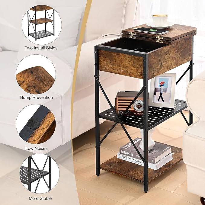 Livofloral Narrow End Table with Charging Station, Side Table with 3 USB Ports and 2 AC Outlets, Flip Top End Table with Storage, Nightstand with Drawer, Side Tables Living Room, Bedroom, Brown