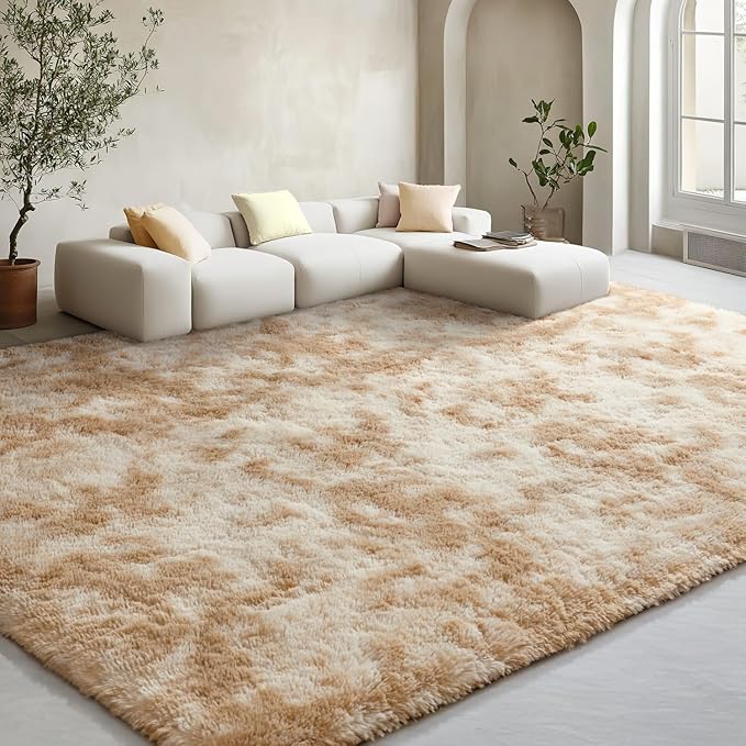 EVOIONOS Area Rug for Living Room Bedroom, Washable 5x8 Fluffy Shag Large Rug, Soft Plush Non Slip Carpet for Indoor Floor Bedside Nursery Kids Girls Room Dorm, Home Decor Aesthetic, Tie-Dyed Camel