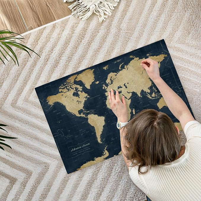 ElephantStock - Adventure Awaits World Map With Push Pins Wall Art - Horizontal Canvas Wall Art - Living Room Wall Decor - Digital Art Map Canvas Art - Gold And Blue Decor - 30" x 20"