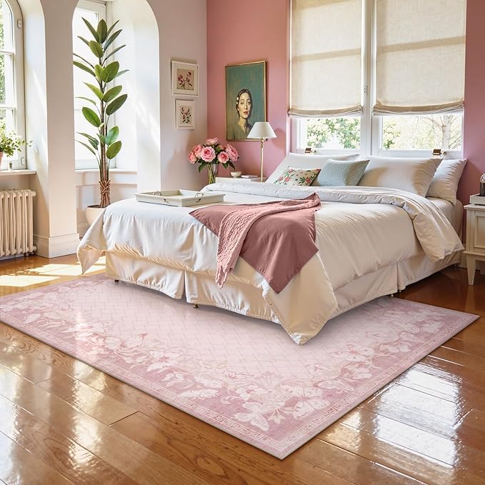 STARUIA Washable Rugs for Living Room, 5x7 Pink Rugs for Bedroom Girls Nursery, Non-Slip Soft Butterfly Area Rug Cute Girl Pink Carpets for Kids Room Playroom Dorm Dining Room Indoor Decor