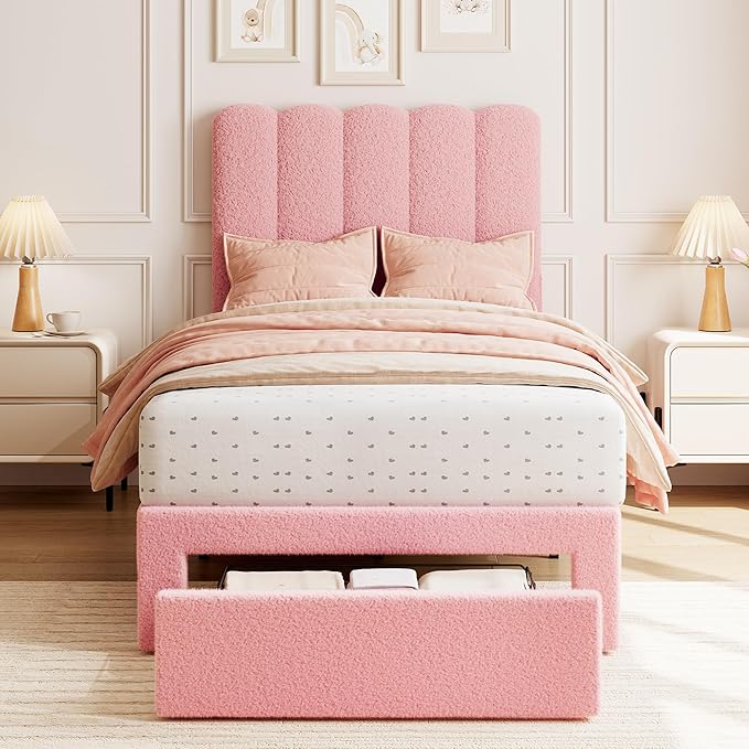 GarveeHome 2 Sets Twin Bed Frame with Under-Bed Drawer, Upholstered Platform Bed with Wave Headboard for Kids/Girls, Wooden Slats Support, No Box Spring Needed, Boucle Pink