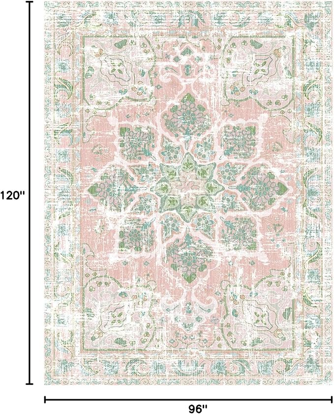 Vhong Boho Area Rugs Vintage Washable Neutral Modern Dusty Pink and Green 8x10 Non Slip Large Carpet for Nursery Living Room Dining Room Bedroom Farmhouse Girls Room