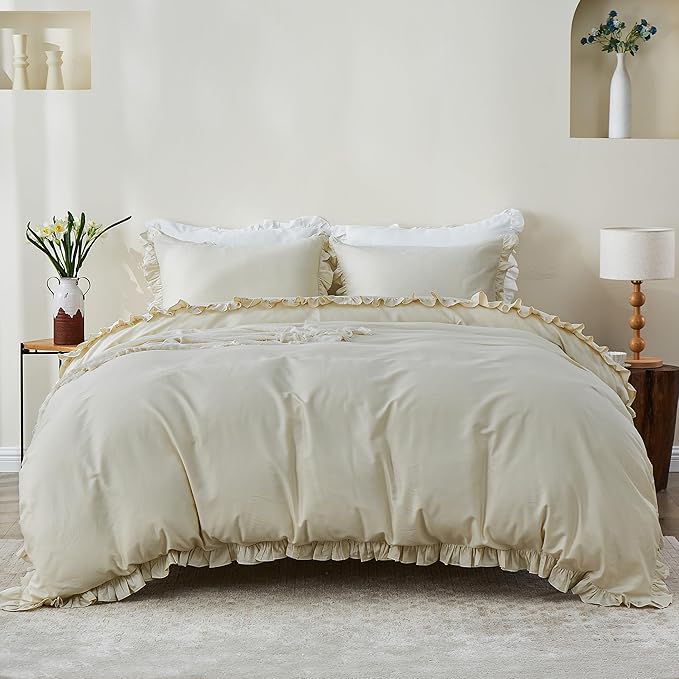 Simple&Opulence Kids 100% Organic Cotton King Duvet Cover Ruffle 3Pcs(1 Comforter Cover 2 Pillowcases) Cute Lace Vintage Boho Shabby Chic Farmhouse Bedding Set Teen Girls(Beige, King)