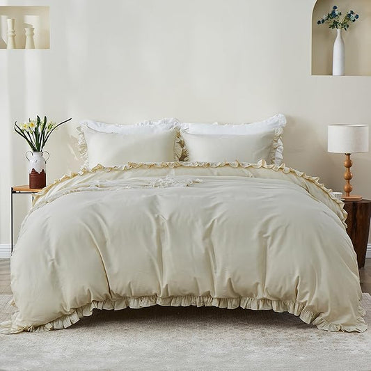 Simple&Opulence Kids 100% Organic Cotton Full Duvet Cover Ruffle 3Pcs(1 Comforter Cover 2 Pillowcases) Cute Lace Vintage Boho Shabby Chic Farmhouse Bedding Set Teen Girls(Beige, Full)