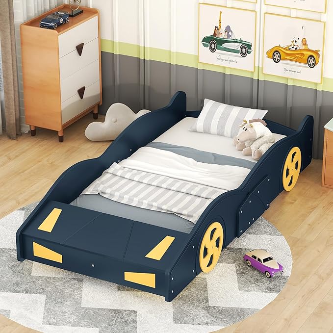 Twin Size Race Car-Shaped Platform Bed with Wheels and Storage,Kids Twin Bed Frame W/Guardrails,Race Car Bed for Boys Toddlers Kids,Child's Bedroom,Dark Blue+Yellow