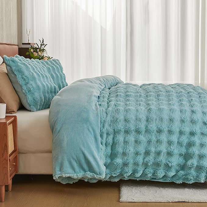 JELLYMONI Plush Duvet Cover Set - King Size Baby Blue Faux Fur Comforter Cover 3pcs Bedding Set Luxury Ultra Soft Striped Fluffy Duvet Cover with Zipper and 2 Pillowcases (NO Comforter)