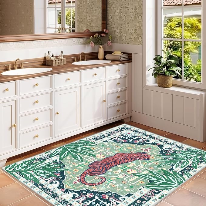 Green 3x5 Tiger Rug Washable Non-Slip Boho Vintage Jungle Rug Whimsical Animal Print Soft Cozy Tropical Woodland Carpet for Bedroom Laundry Room Kitchen Hallway Entryway