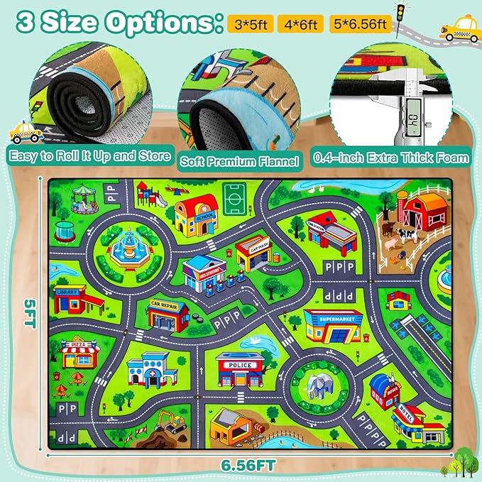 Road Car Rug, 5x7 Ft City Road Rug for Kids, Extra Thick (0.4in) Kids Play Rug Mat and Car Carpet with Realistic Colors - Perfect for Children, Soft and Non-Slip for Playroom and Bedroom