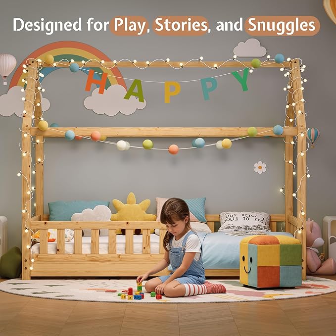 Jocisland Twin Size House Bed for Kids, Montessori Wooden Floor Bed Frame with Guardrails, Removable Rails, Playhouse Roof, Easy Assembly, Toddler Floor Bed for Boys & Girls, Natural Wood