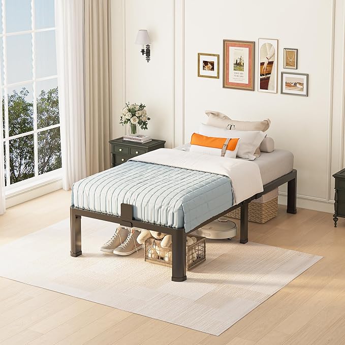 12 inch Twin Bed Frame with Round Corner Legs Mattress Slide Stopper,3500 lbs Heavy Duty Metal Platform,No Box Spring Needed,Steel Slat Support,Easy Assembly,Noise Free