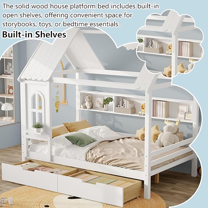 Full House Bed with Drawers and Window, Solid Wood House Platform Bed with Shelves, Full Bed Frame with House-shaped Roof for Kids, Boys, Girls, No Box Spring Needed and Childlike Design, White