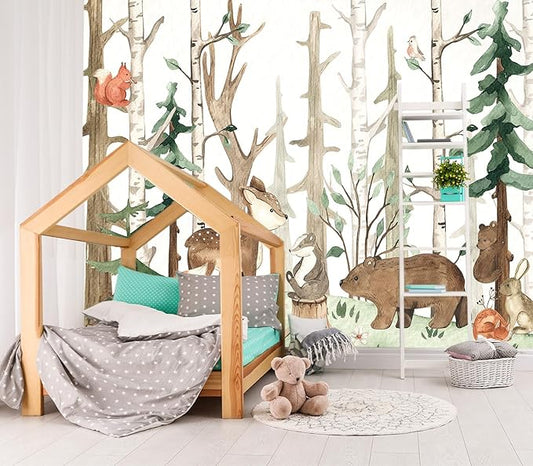 XMPMBM-Cartoon Hand-Painted Animals Woodland Nursery Room Fabric Wallpaper Graffiti Pine Forest Kids Gaming Room Wall Mural-W 132" X H 92"（93 Square Foot）